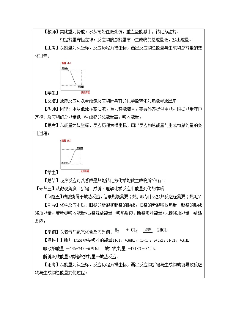 人教版高中化学必修第二册6.1化学反应与能量变化 表格式教案第3页