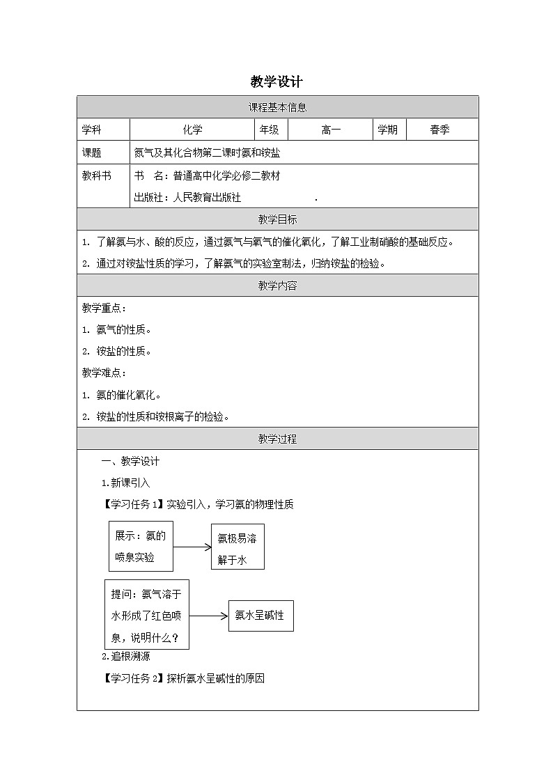 人教版高中化学必修第二册第五章第2节氮及其化合物 表格式教案第1页