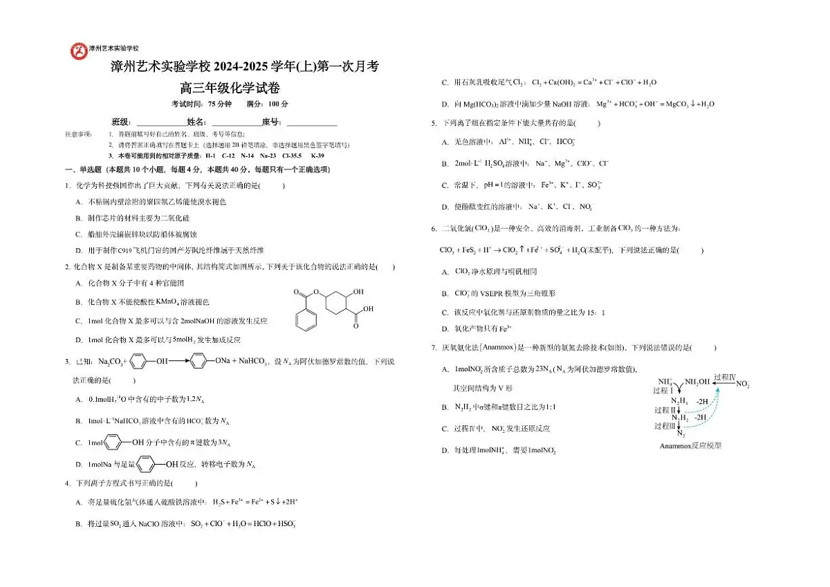 漳州艺术实验学校2024-2025学年高三年级(上)第一次月考化学试卷及答案第1页