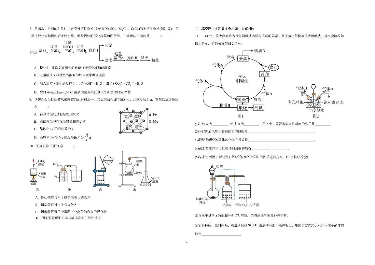 漳州艺术实验学校2024-2025学年高三年级(上)第一次月考化学试卷及答案第2页