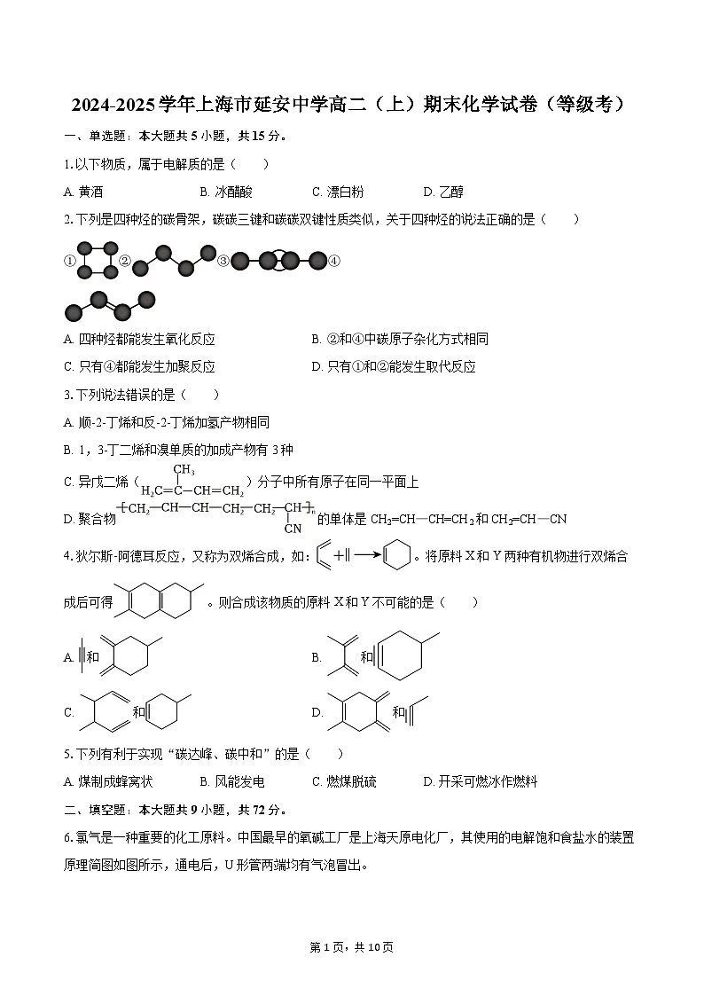 2024-2025学年上海市延安中学高二(上)期末化学试卷(等级考)-自定义类型第1页
