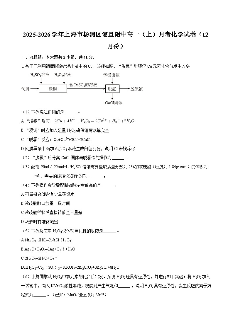 2025-2026学年上海市杨浦区复旦附中高一(上)月考化学试卷(12月份)-自定义类型第1页