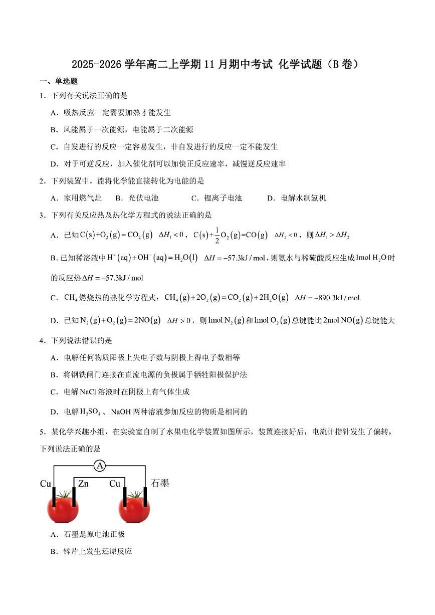 2025-2026学年安徽省鼎尖名校大联考高二上学期11月期中考试化学(B)试卷(含答案)第1页