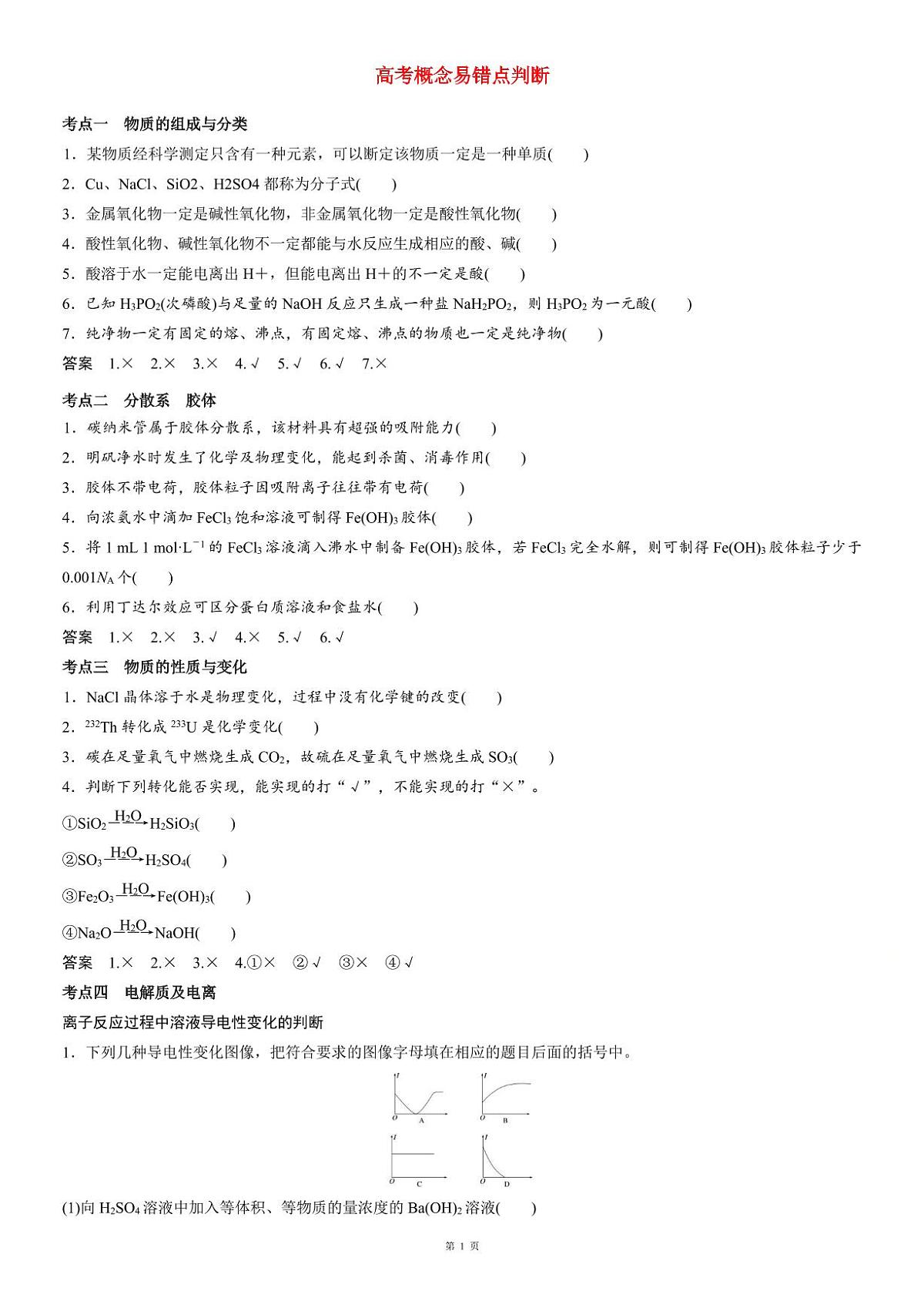 高考化学概念易错点判断(共18页)知识清单第1页