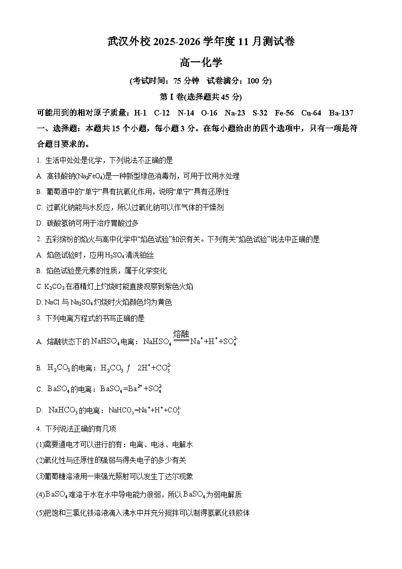 湖北省武汉外国语学校2025-2026学年高一上学期11月月考化学试题(原卷版)第1页