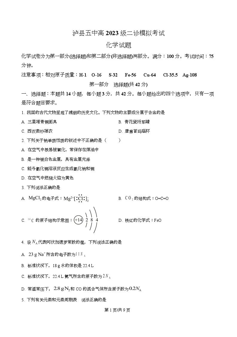 四川省泸州市泸县第五中学2026届高三上学期二模考试化学试题(原卷版)第1页