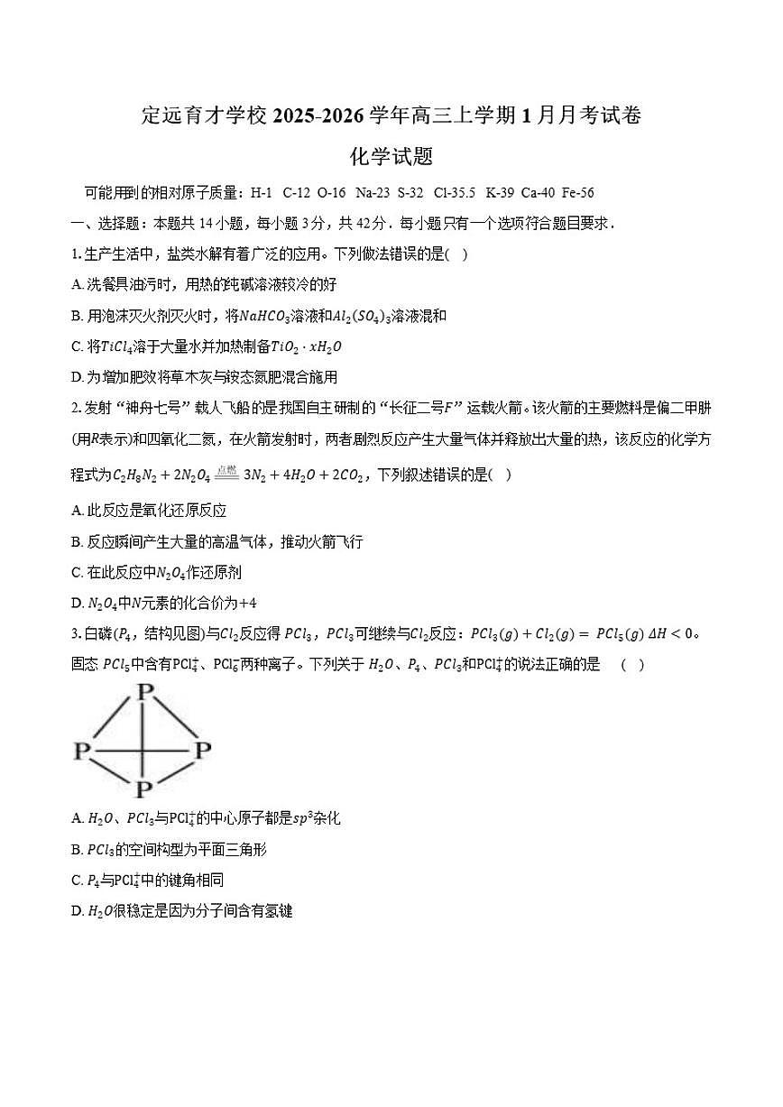2025-2026学年安徽省滁州市定远县育才学校高三上学期1月月考化学试卷(含答案)第1页
