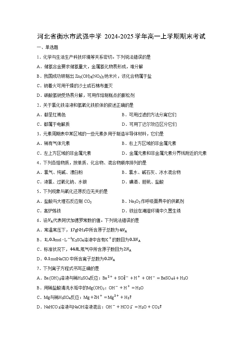 2024-2025学年河北省衡水市武强中学高一上学期期末考试化学试卷(学生版)第1页