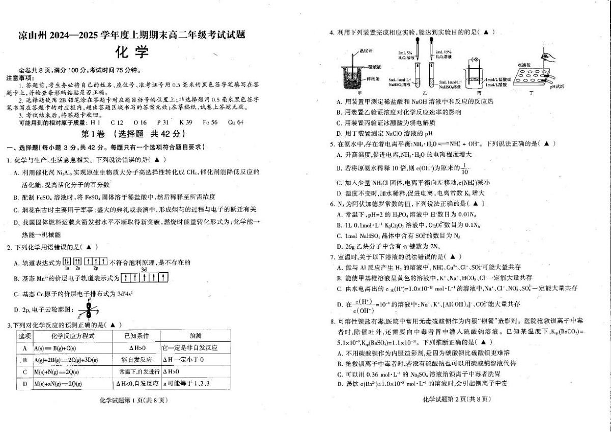 2024-2025学年四川省凉山州高二上学期期末考试化学试卷(有答案)第1页