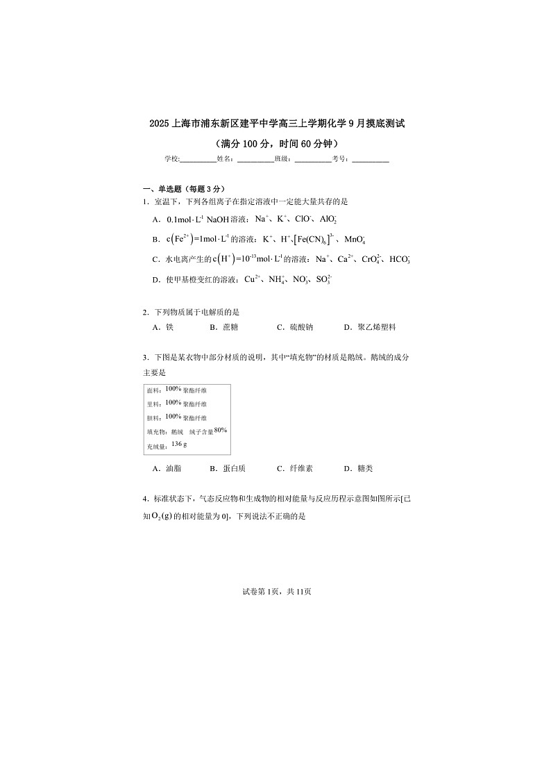 2025上海市浦东新区建平中学高三上学期化学9月摸底测试第1页