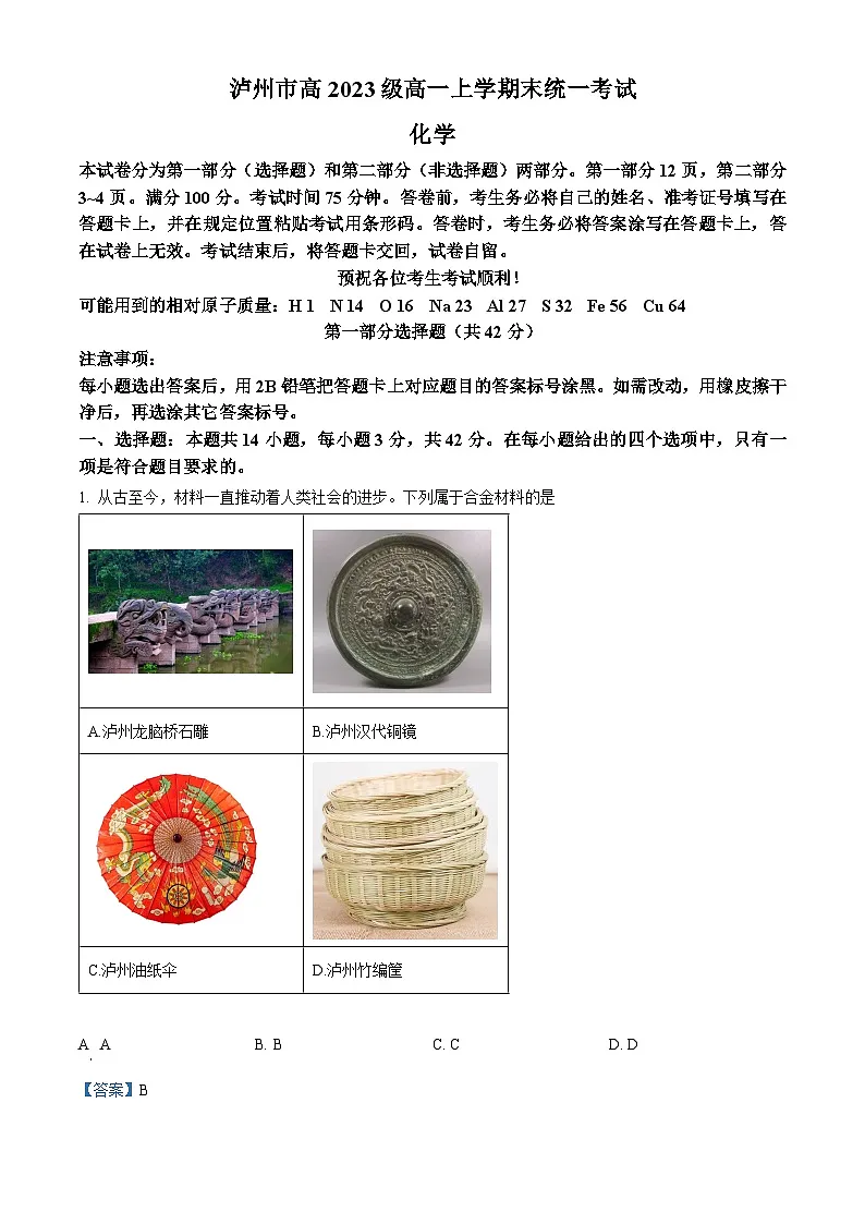 四川省泸州市2023-2024学年高一上学期1月期末化学试题 含解析第1页