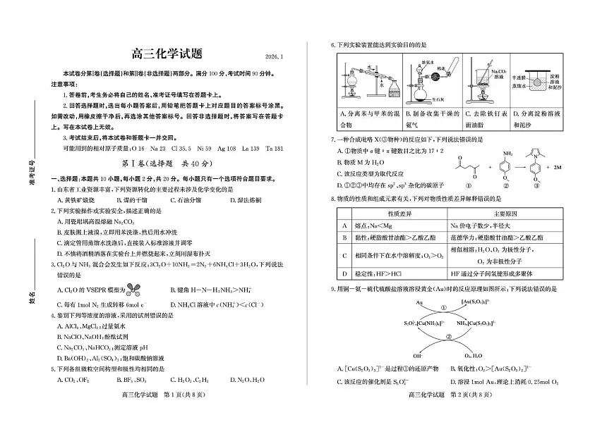 山东德州2026届高三上学期期末化学试题(含答案)第1页