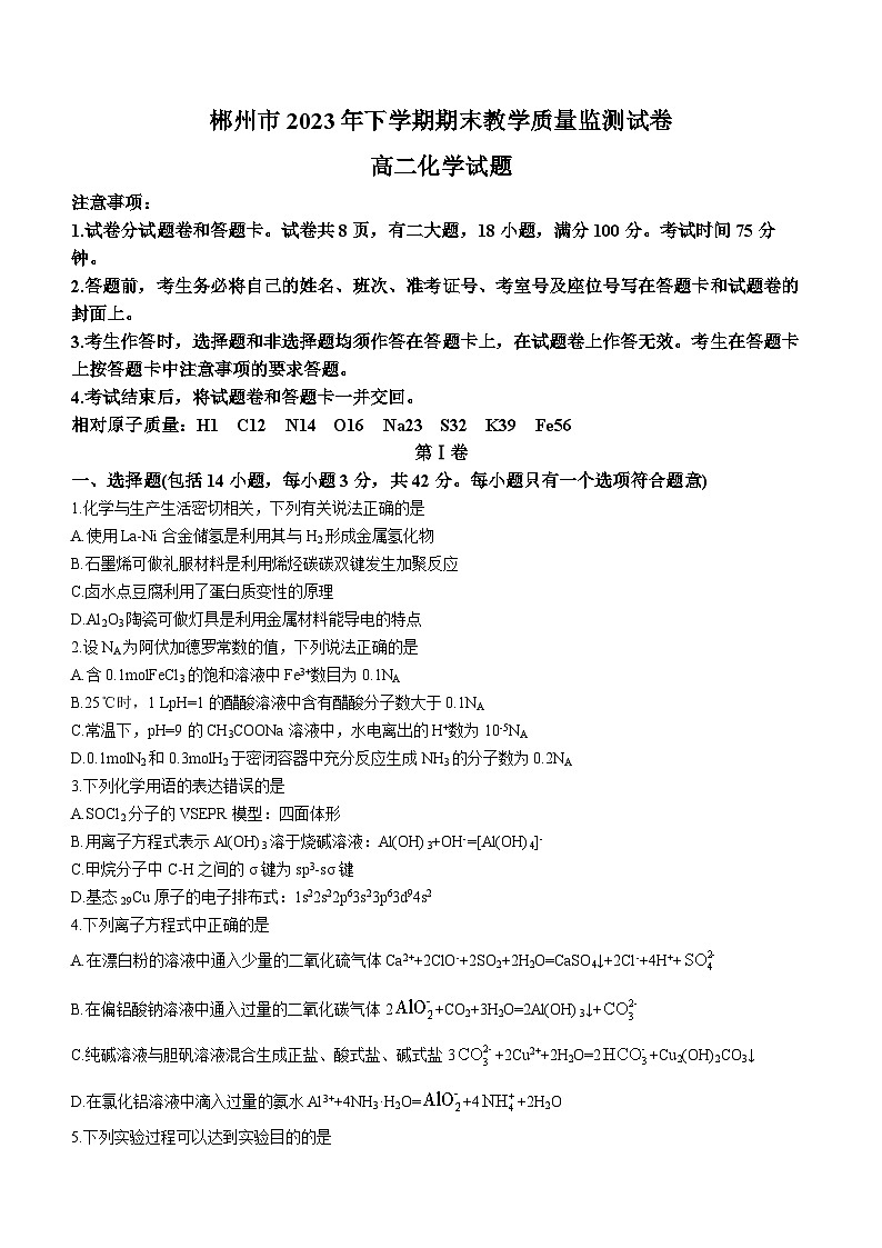 湖南省郴州市2023-2024学年高二上学期期末化学试卷 含答案第1页