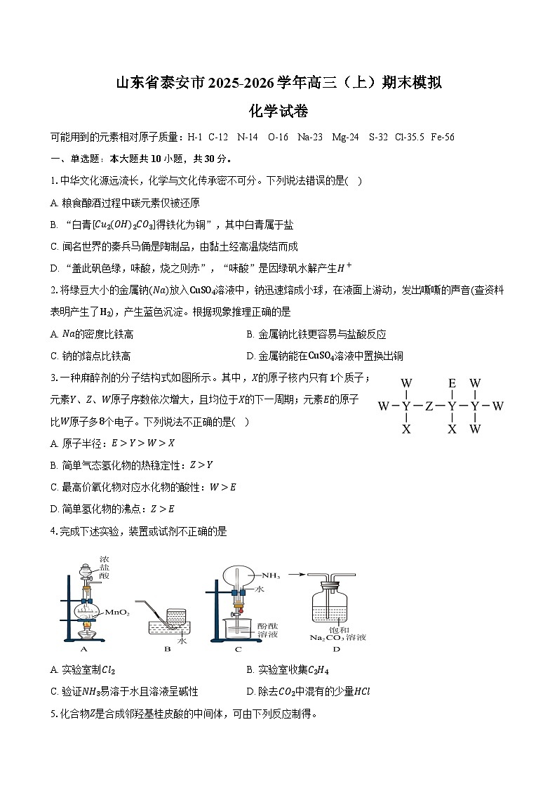 山东省泰安市2025-2026学年高三(上)期末化学模拟试卷第1页