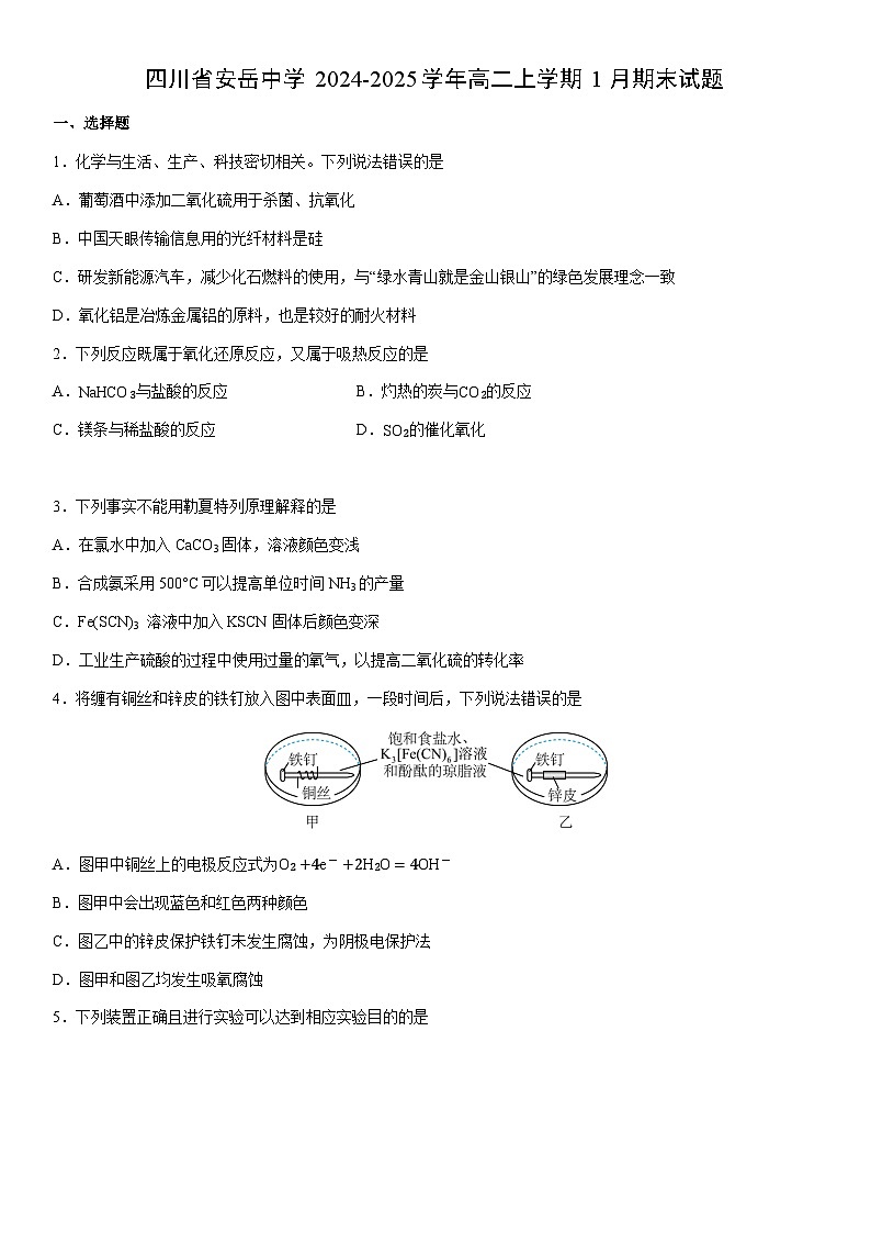 2024-2025学年四川省安岳中学高二上学期1月期末化学试卷(学生版)第1页
