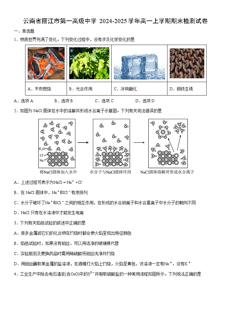 2024-2025学年云南省丽江市第一高级中学高一上学期期末检测化学试卷(学生版)第1页