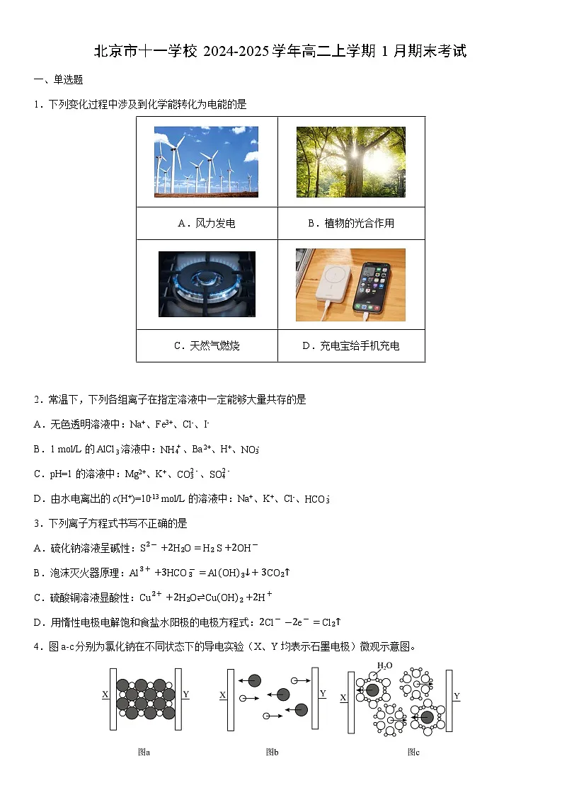 2024-2025学年北京市十一学校高二上学期1月期末考试化学试卷(学生版)第1页