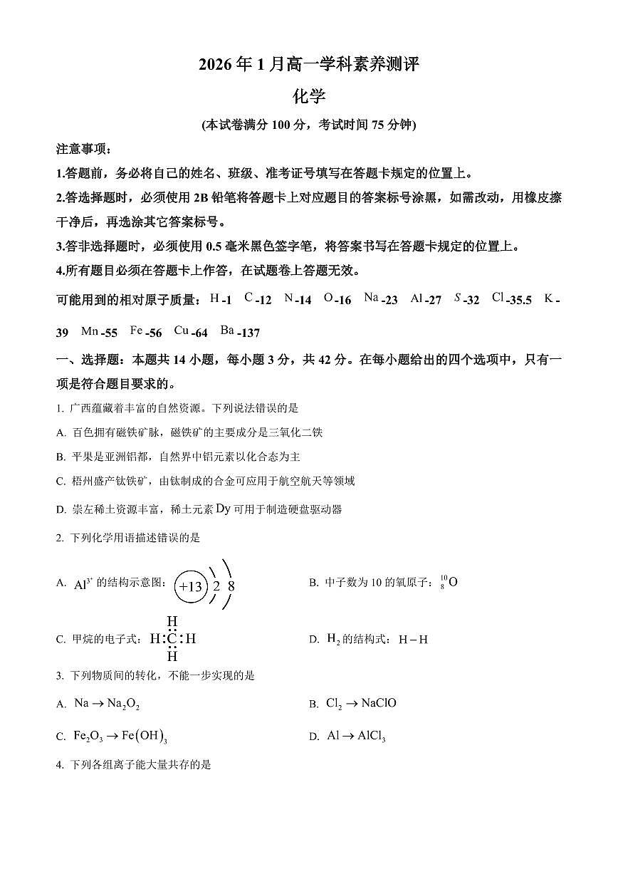 广西壮族自治区河池市2026年1月高一上学期期末化学试题(原卷+解析)第1页