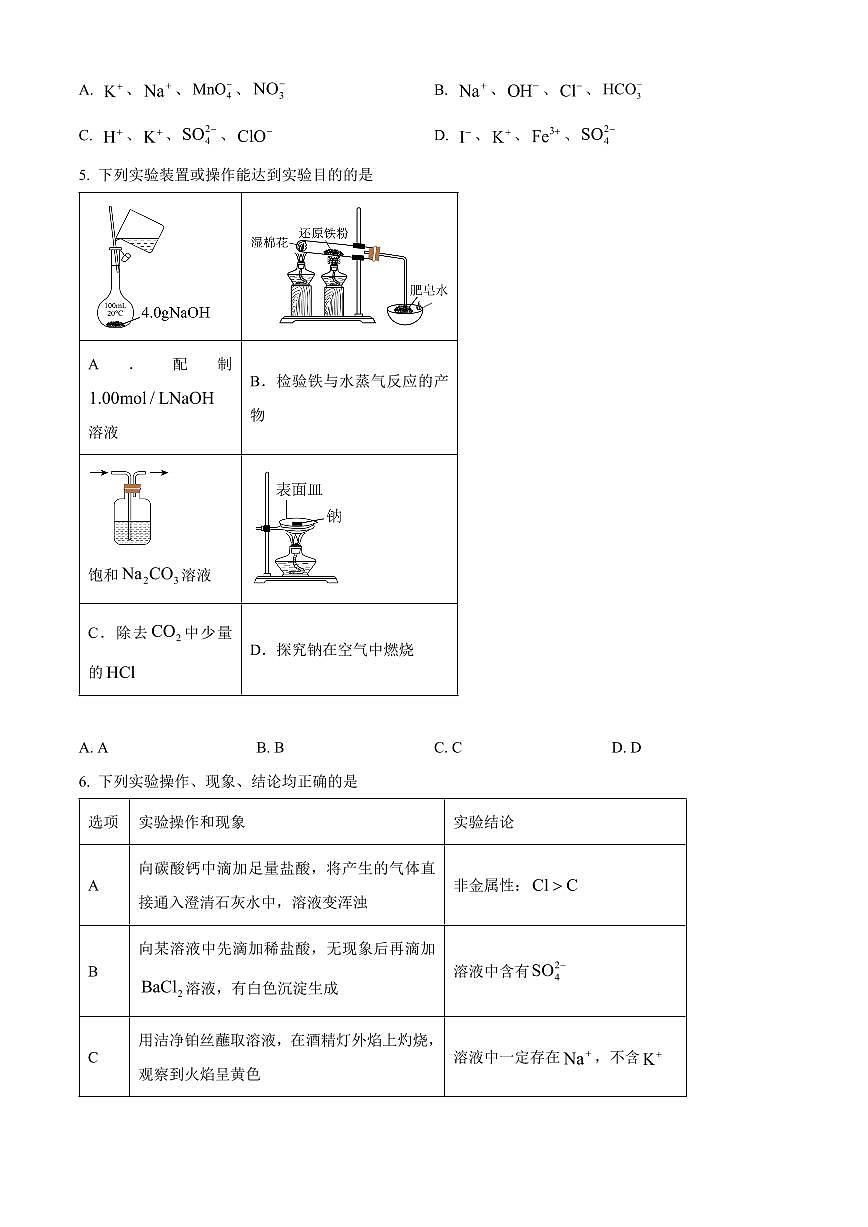 广西壮族自治区河池市2026年1月高一上学期期末化学试题(原卷+解析)第2页