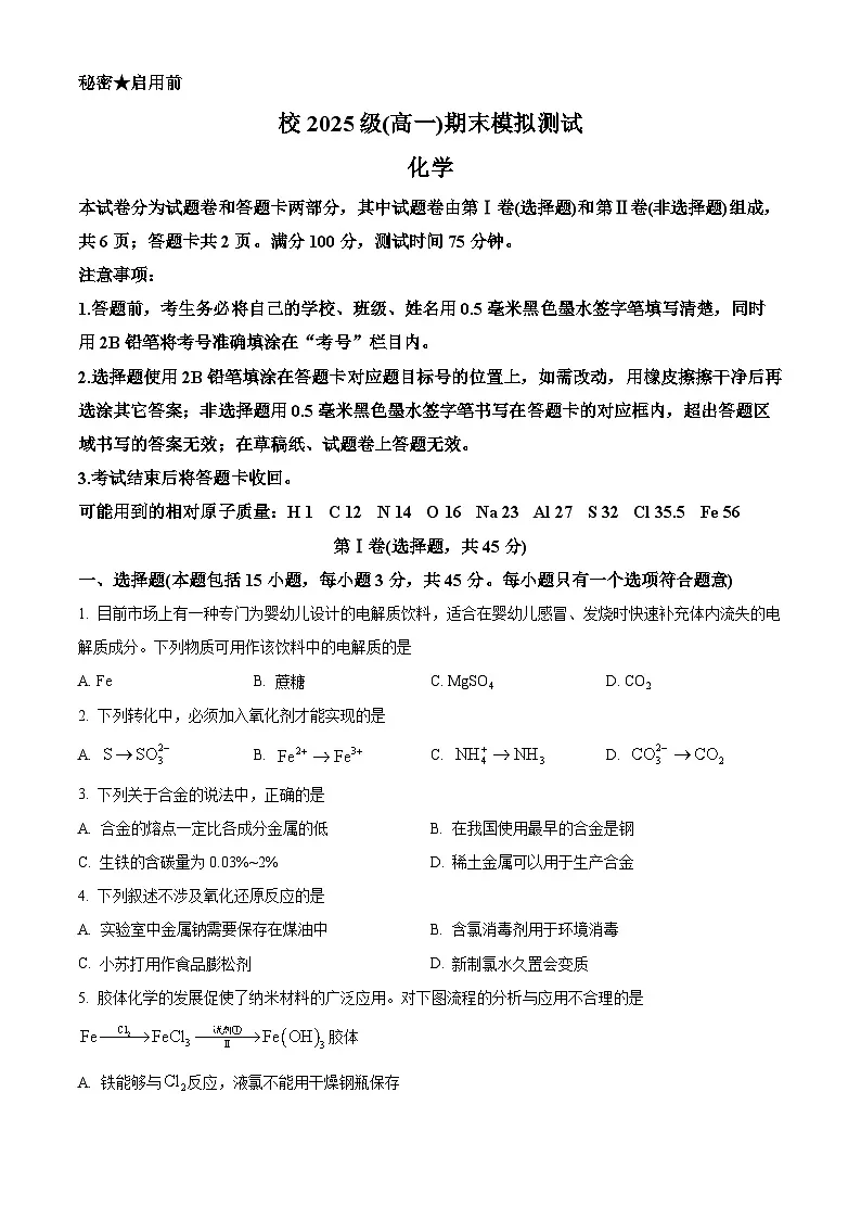 四川省绵阳市中学实验学校2025-2026学年高一上学期期末模拟考试化学试题(原卷版)第1页