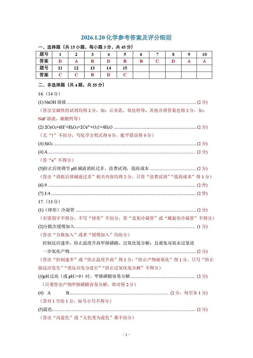 赤峰市高三年级1·20模拟考试化学答案第1页