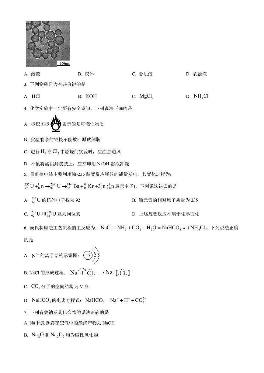 河北石家庄市2025-2026学年第一学期期末教学质量检测 高一化学试卷(试卷+解析)第2页