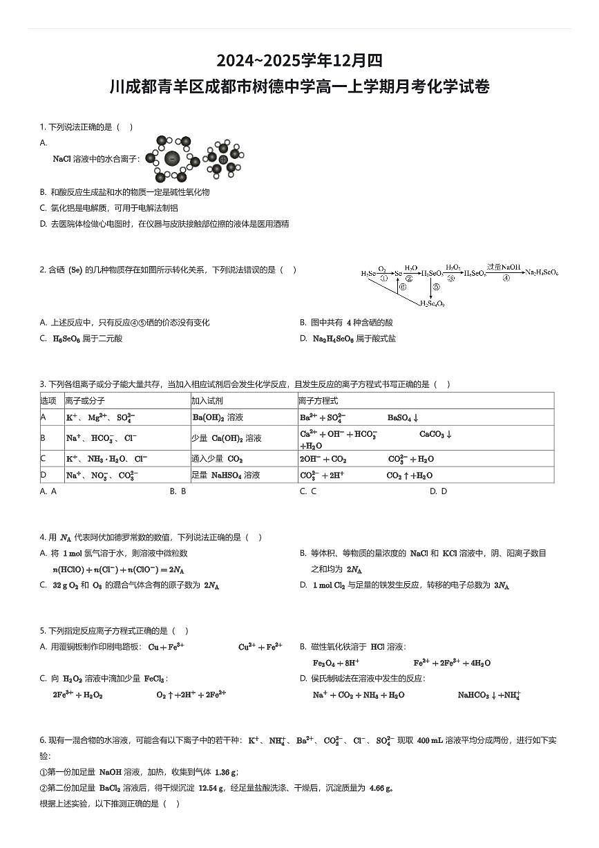 2024~2025学年12月四川成都青羊区成都市树德中学高一上学期月考化学试卷(有答案解析)第1页