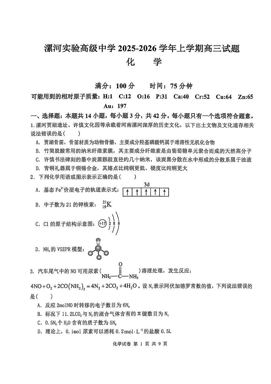 河南漯河实验高中2025-2026学年上学期高三期末化学试卷(含答案)第1页