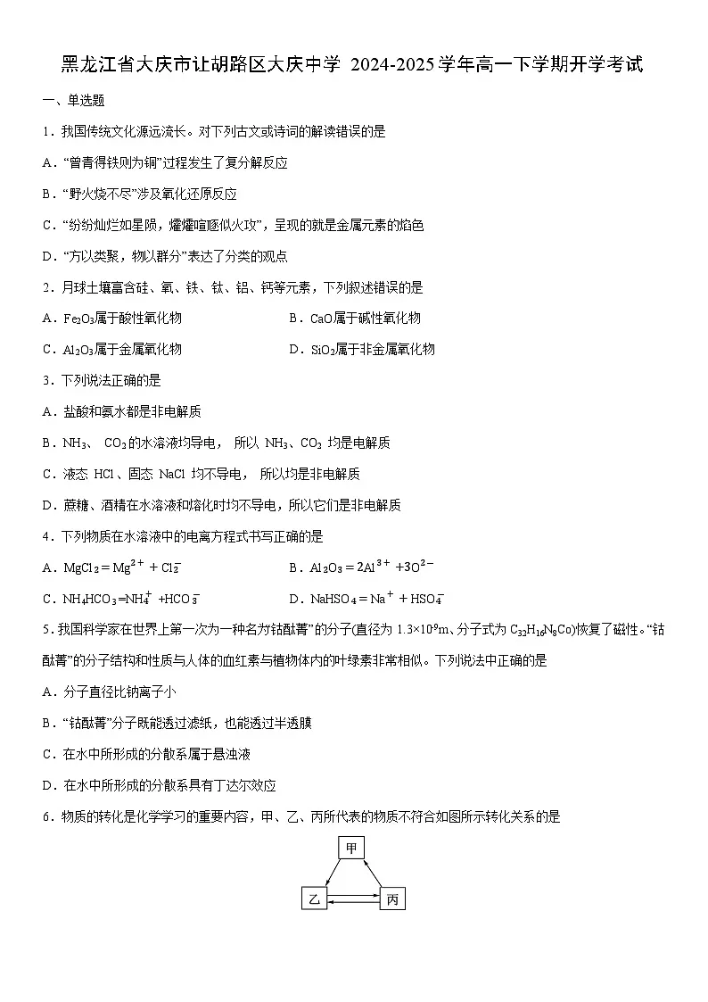 2024-2025学年黑龙江省大庆市让胡路区大庆中学高一下学期开学考试化学试卷(学生版)第1页