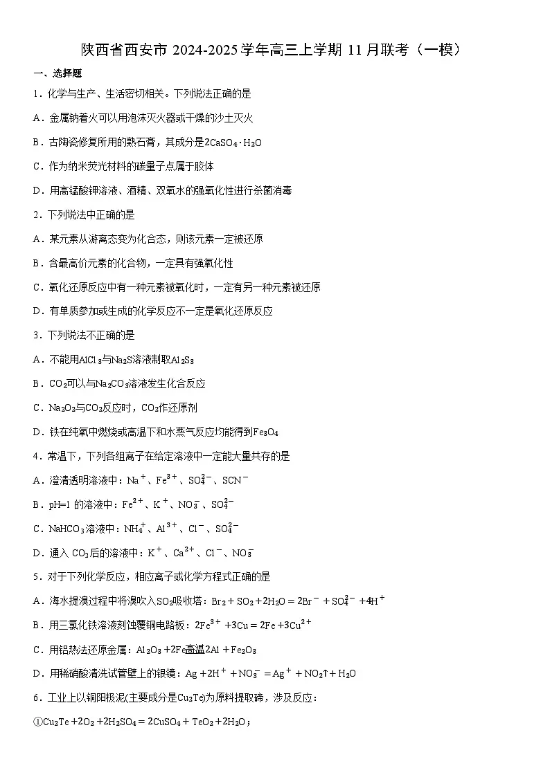 2024-2025学年陕西省西安市高三上学期11月联考(一模)(学生版) 化学试卷第1页