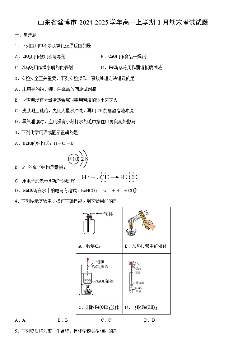 2024-2025学年山东省淄博市高一上学期1月期末考试化学试卷(学生版)第1页