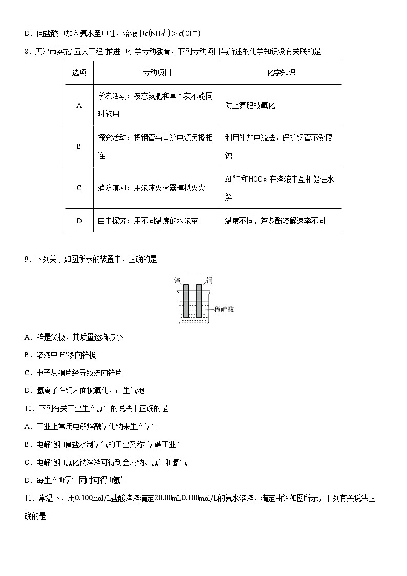 2024-2025学年天津市部分区高二上学期期末测试化学试卷(学生版)第2页