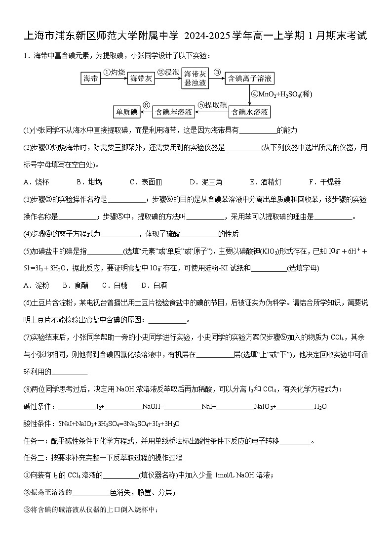 2024-2025学年上海市浦东新区师范大学附属中学高一上学期1月期末考试化学试卷(学生版)第1页