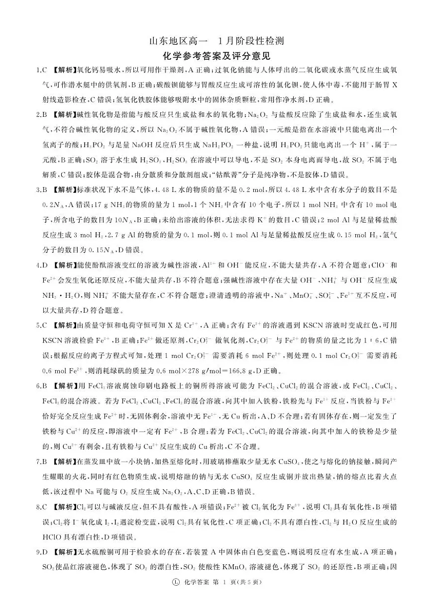 山东德州高一1月检测(化学)鲁科-答案第1页