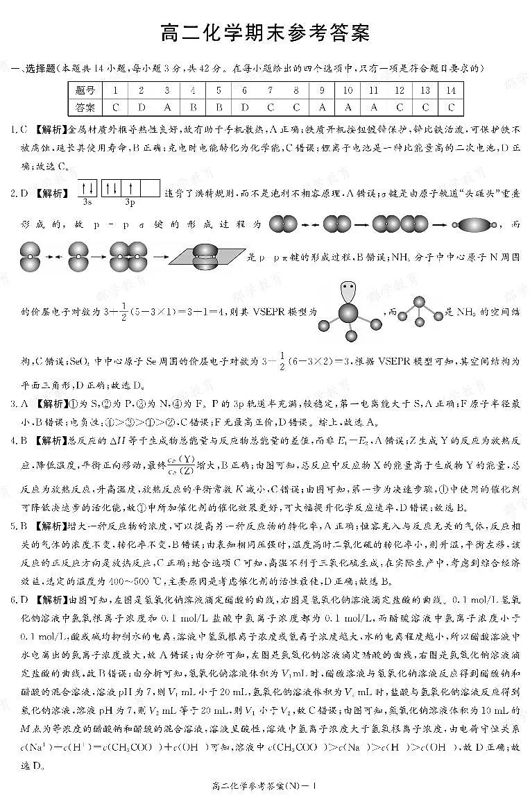 【化学答案】湖南省长郡中学2025-2026高二上学期期末考试第1页