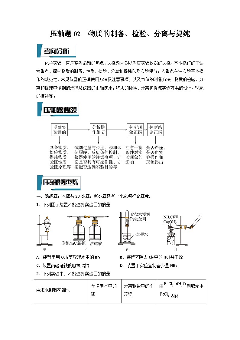 高考化学二轮复习压轴题专项练习02 物质的制备、检验、分离与提纯(原卷版)第1页