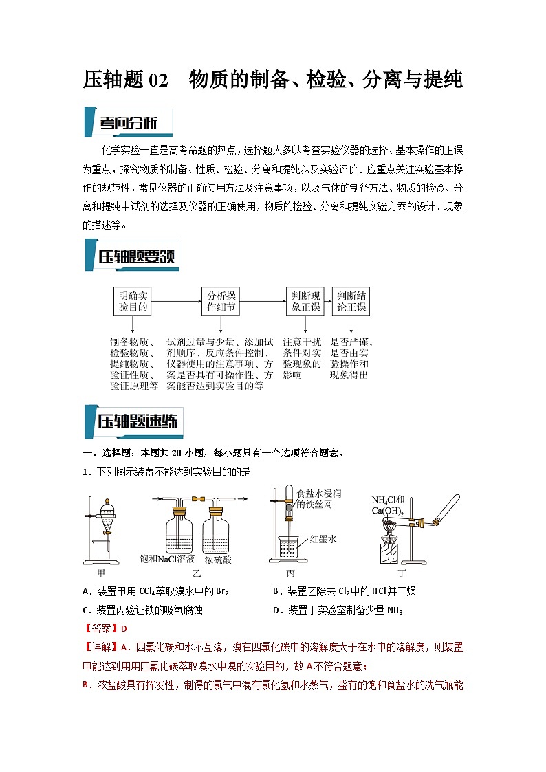 高考化学二轮复习压轴题专项练习02 物质的制备、检验、分离与提纯(解析版)第1页