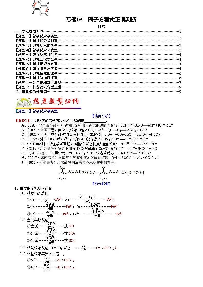 高考化学二轮热点题型归纳与变式演练专题05 离子方程式正误判断(学生版)第1页