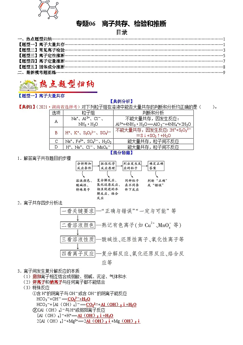 高考化学二轮热点题型归纳与变式演练专题06 离子共存、检验和推断(学生版)第1页