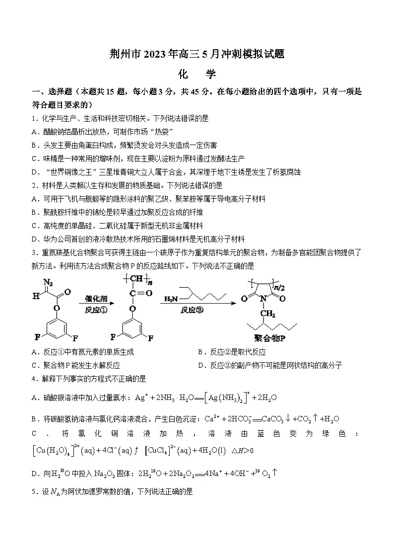湖北省荆州市2022-2023学年高三下学期5月冲刺模拟考试化学试题 含答案第1页
