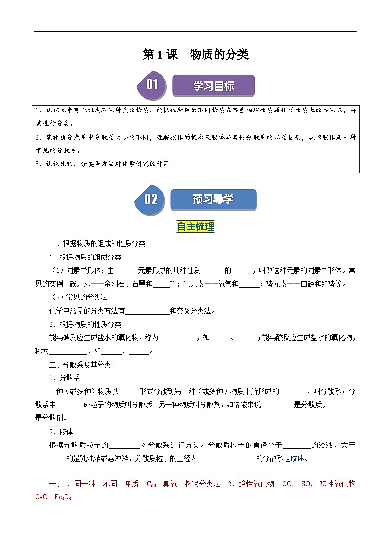 (人教版必修第一册)高一化学上册同步学与练第01课 物质的分类(解析版 )第1页