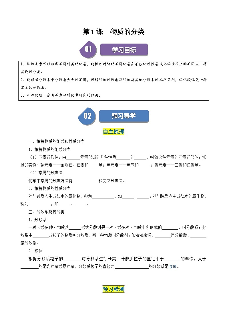 (人教版必修第一册)高一化学上册同步学与练第01课 物质的分类(原卷版 )第1页