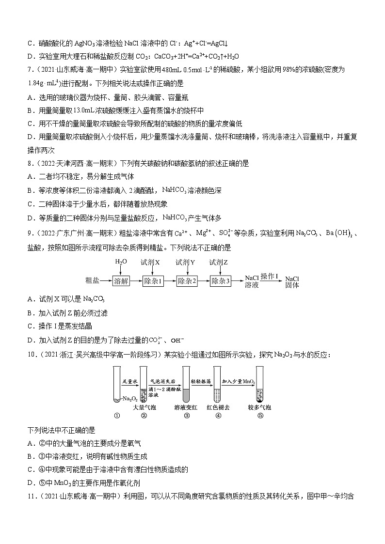 (人教版必修第一册)高一化学上册同步练习第二章 海水中的重要元素——钠和氯(单元测试)(原卷版)第2页
