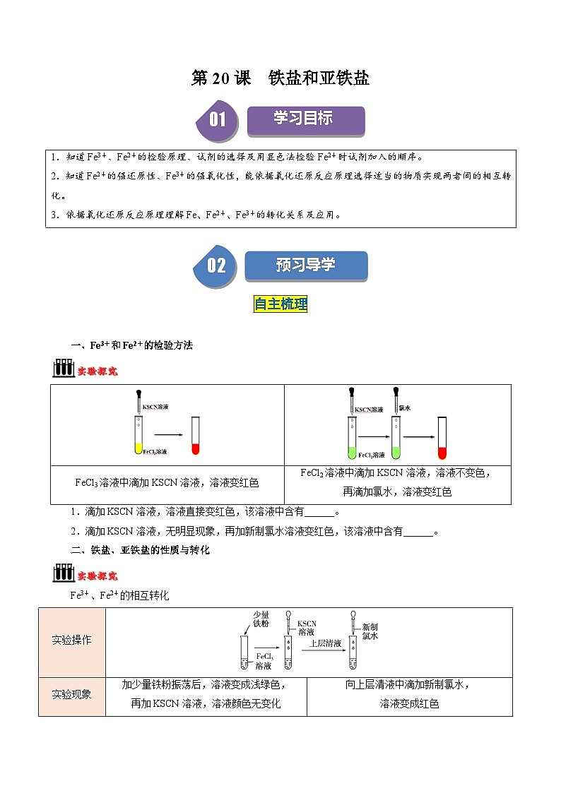 (人教版必修第一册)高一化学上册同步学与练第20课 铁盐和亚铁盐(原卷版)第1页