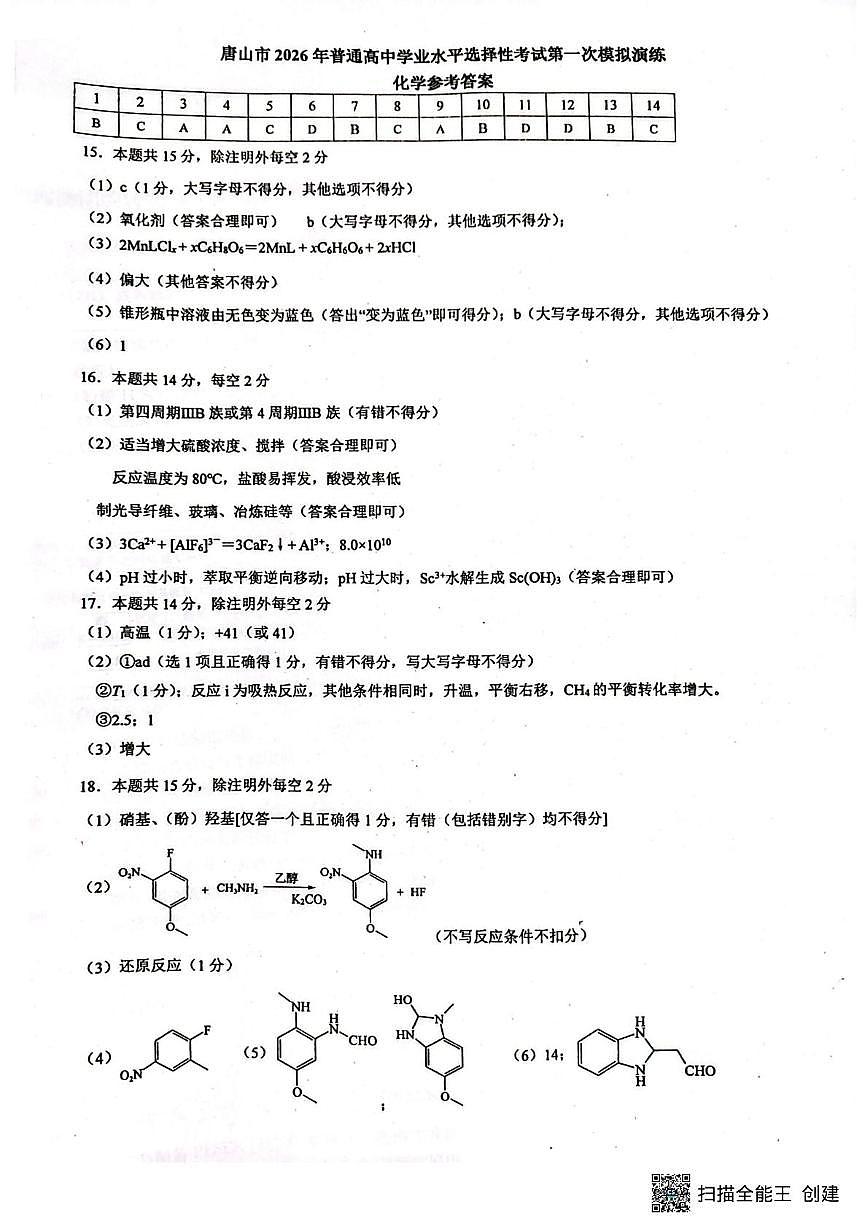 2026届唐山高三下学期一模化学答案第1页