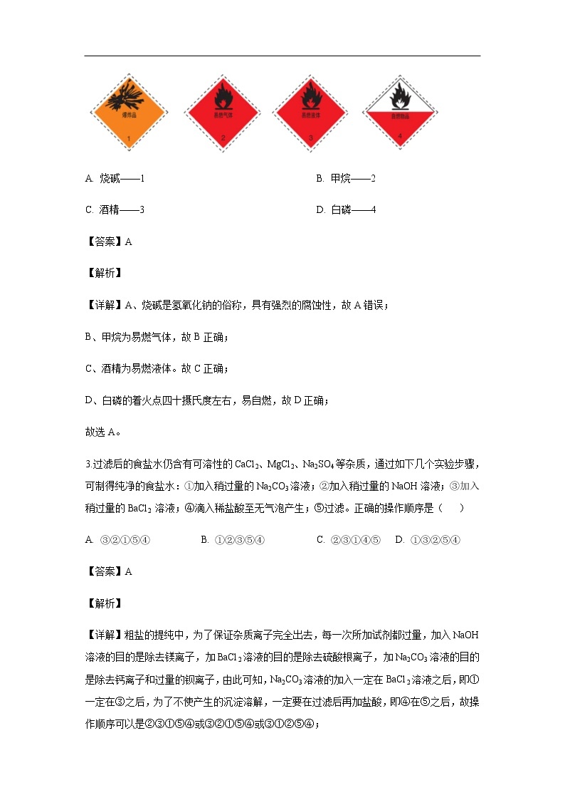 陕西省西安电子科技大学附属中学2019-2020学年高一上学期第一次月考化学试化学题化学（解析版）02