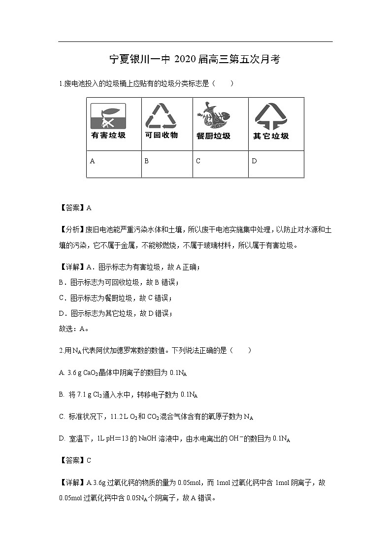 宁夏银川一中2020届高三第五次月考化学(解析版)第1页