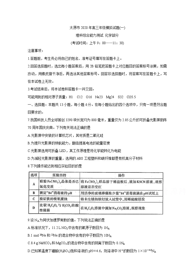 山西省太原市2020届高三年级模拟(一) 化学 试卷01