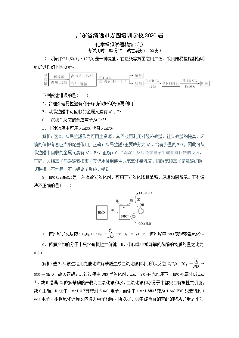 广东省清远市方圆培训学校2020届高三化学模拟试题精练（六）01