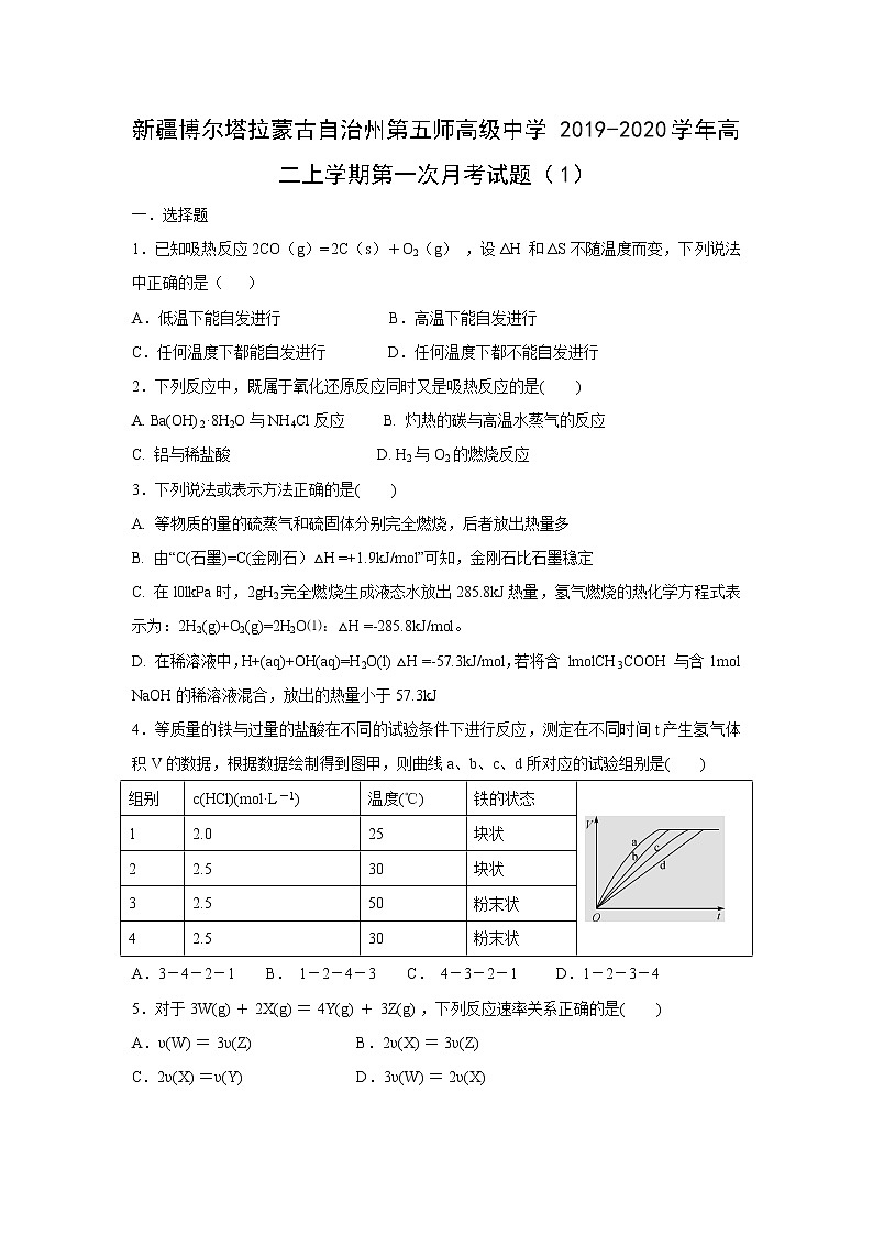 【化学】新疆博尔塔拉蒙古自治州第五师高级中学2019-2020学年高二上学期第一次月考试题(1)第1页